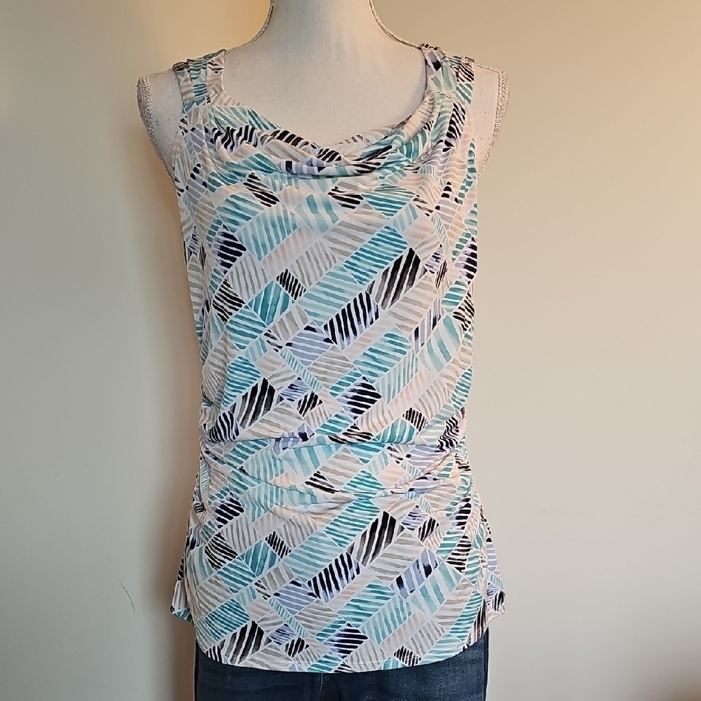 White House Black Market Aqua and Black Patterned Tank Top